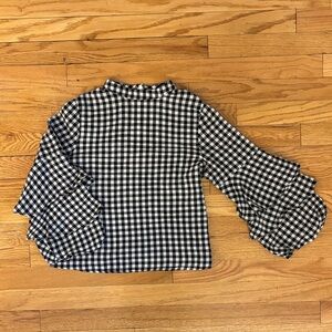 Zara Black and White Checked Top with Ruffled Sleeves